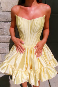 Cute A Line Scoop Neck Yellow Satin Short Homecoming Dress AB25101703