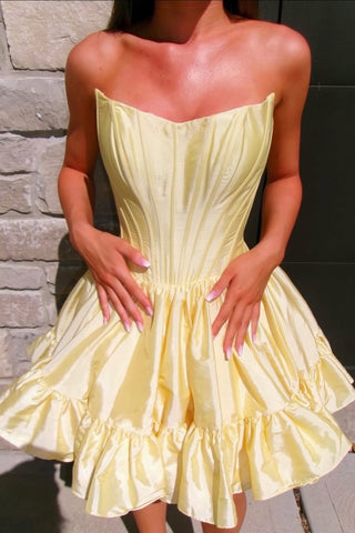 Cute A Line Scoop Neck Yellow Satin Short Homecoming Dress AB25101703