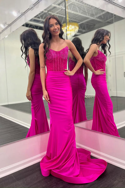 Mermaid Strapless Silver Satin Long Prom Dresses with Slit AB25032106