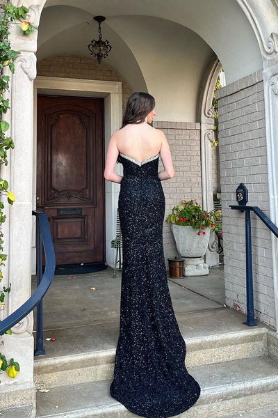 Charming Mermaid V Neck Black Sequins Long Prom Dress with Beading AB120404