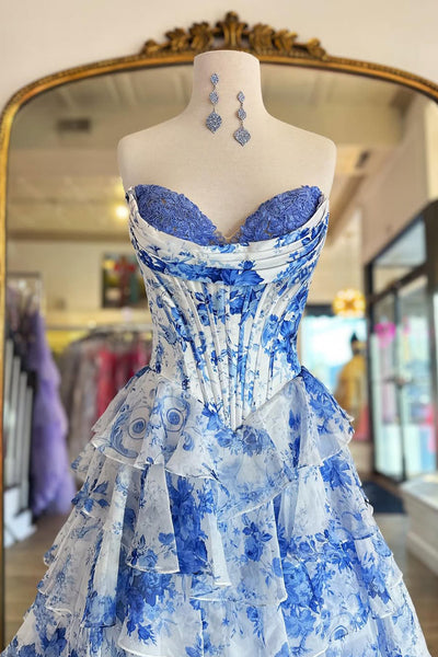 Cute A Line Sweetheart Blue Floral Chiffon Prom Dress with Appliques AB25022311