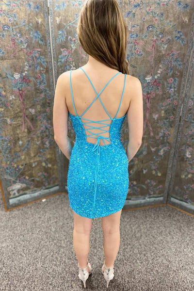 Cute Bodycon V Neck Blue Sequins Short Homecoming Dresses with Lace-up ABHC061842