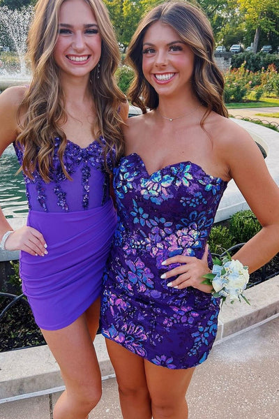 Cute Bodycon Sweetheart Purple Sequins Short Homecoming Dresses AB092402