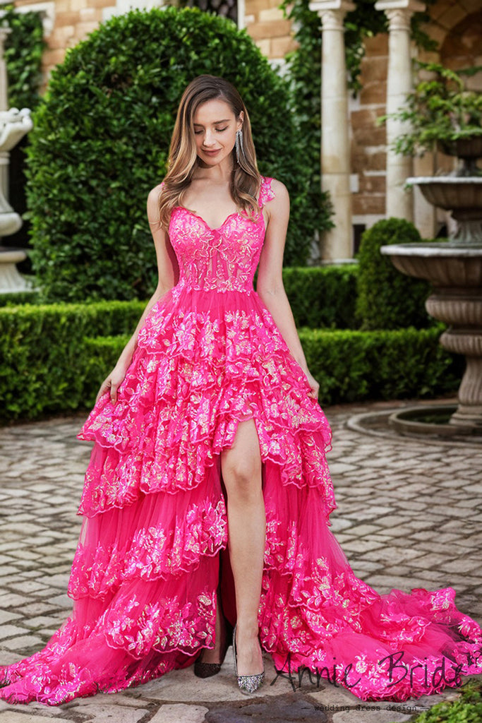 Gorgeous Ball Gown V Neck Hot Pink Tiered Prom Dress with Slit AB24122708 Anniebride Gorgeous Ball Gown V Neck Hot Pink Tiered Prom Dress with Slit AB24122708 Anniebride