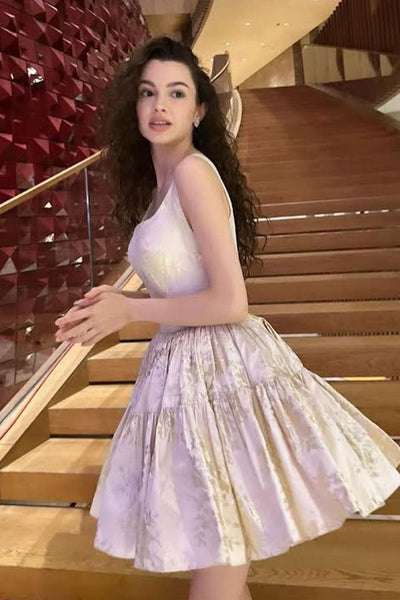 Cute A Linr Square Neck Jacquard Satin Short Homecoming Dresses AB082004