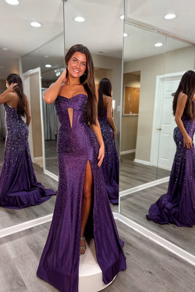 Gorgeous Mermaid Sweetheart Keyhole Neck Purple Satin Prom Dress with Hot Stone AB25120403