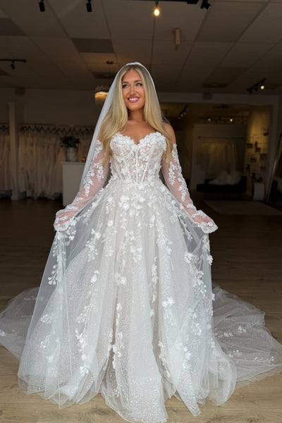 Gorgeous A Line Sweetheart Glitter Tulle Wedding Dress with Appliques AB26051701