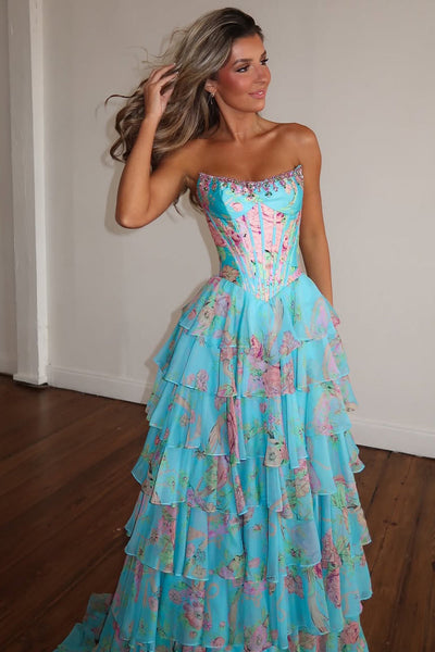 New Arrival A Line Scoop Neck Floral Chiffon Prom Dress with Beading AB16122803