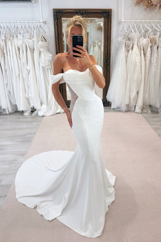 Fashion Mermaid Off the Shoulder Satin White Wedding Dress with Beading AB25092502