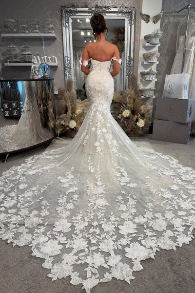 Fashion Elegant Mermaid Off the Shoulder Lace Wedding Dresses with Train AB25050202
