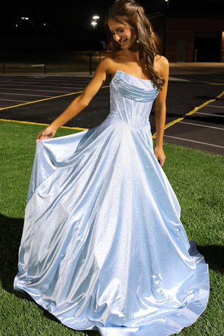 Gorgeous A Line Scoop Neck Light Blue Satin Long Prom Dress with Rhinestones AB25100705
