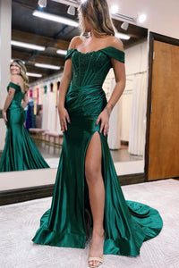 Charming Mermaid Off the Shoulder Dark Green Satin Long Prom Dresses with Lace AB092405