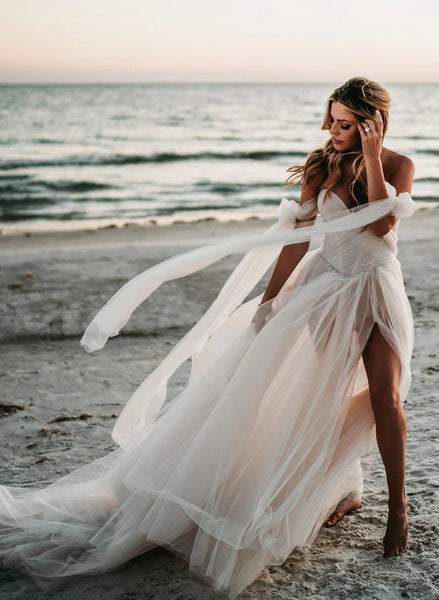 Fairy A Line Sweetheart Tulle Long Beach Wedding Dresses AB24100703 – Anniebride