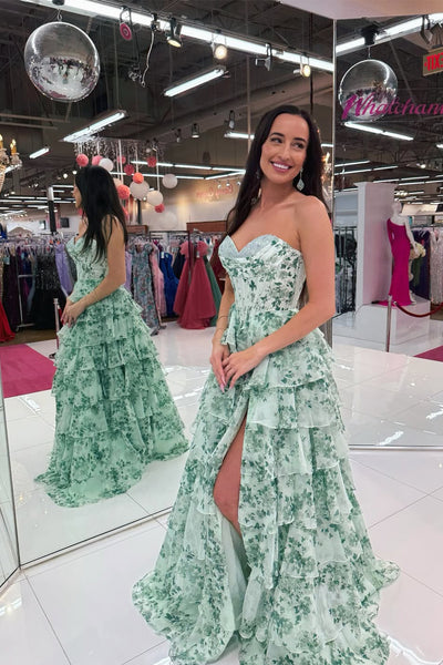 Fashion A Line Sweetheart Floral Chiffon Tiered Prom Dress AB25092701