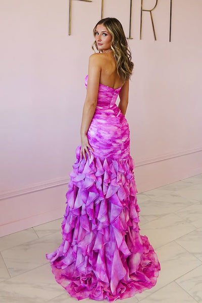Fairy Mermaid Strapless Floral Chiffon Ruffled Prom Dress with Slit AB25021209