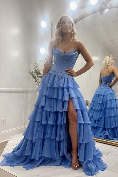 Cute A Line Sweetheart Blue Chiffon Tiered Prom Dress with Appliques AB26012703