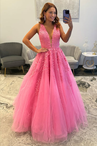 Charming A Line V Neck Pink Tulle Prom Dress with Appliques AB25112701