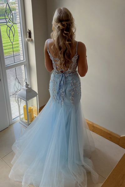 Mermaid V Neck Light Blue Tulle Prom Dress with Appliques AB26101605