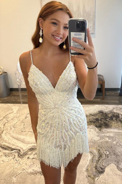 Cute Bodycon V Neck White Beading Short Homecoming Dresses ABHC061833