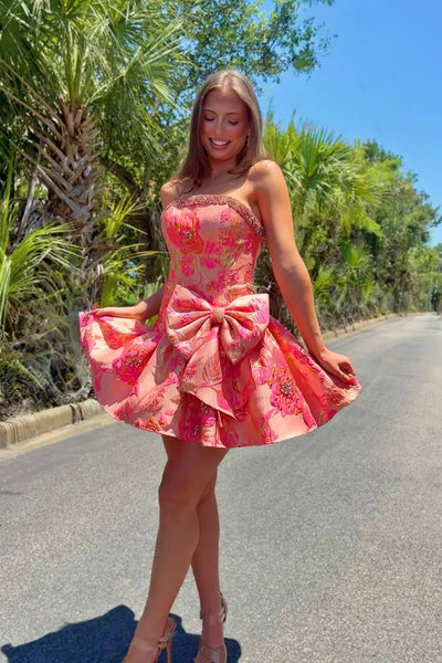 A Line Stapless Coral Red Jacquard Satin Homecoming Dress with Bow AB26062108