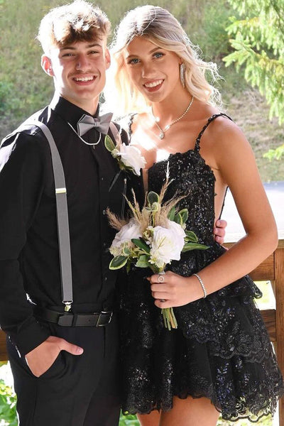 Cute A Line Scoop Neck Black Sequins Short Homecoming Dresses AB101403