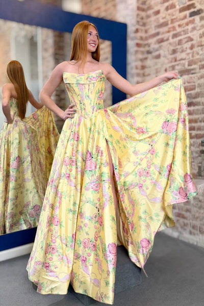 Cute A Line Scoop Neck Yellow Floral Satin Prom Dress AB26031801
