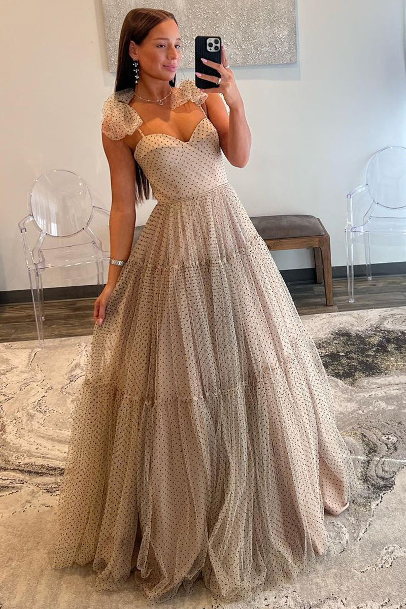 Cute Ball Gown Sweetheart Champagne Tulle Black Dot Long Prom Dresses AB102704