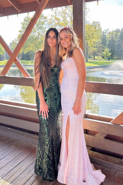 Charming Mermaid V Neck Blush Pink Sequins Long Prom Dresses with Slit AB101906