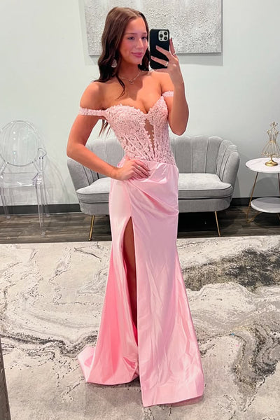 Charming Mermaid Off the Shoulder Pink Satin Prom Dress AB26011011