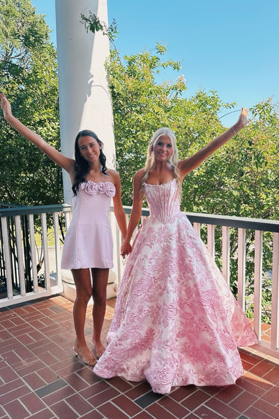 Gorgeous A Line Scoop Neck Pink Jacquard Satin Prom Dress with Pearls AB26050701
