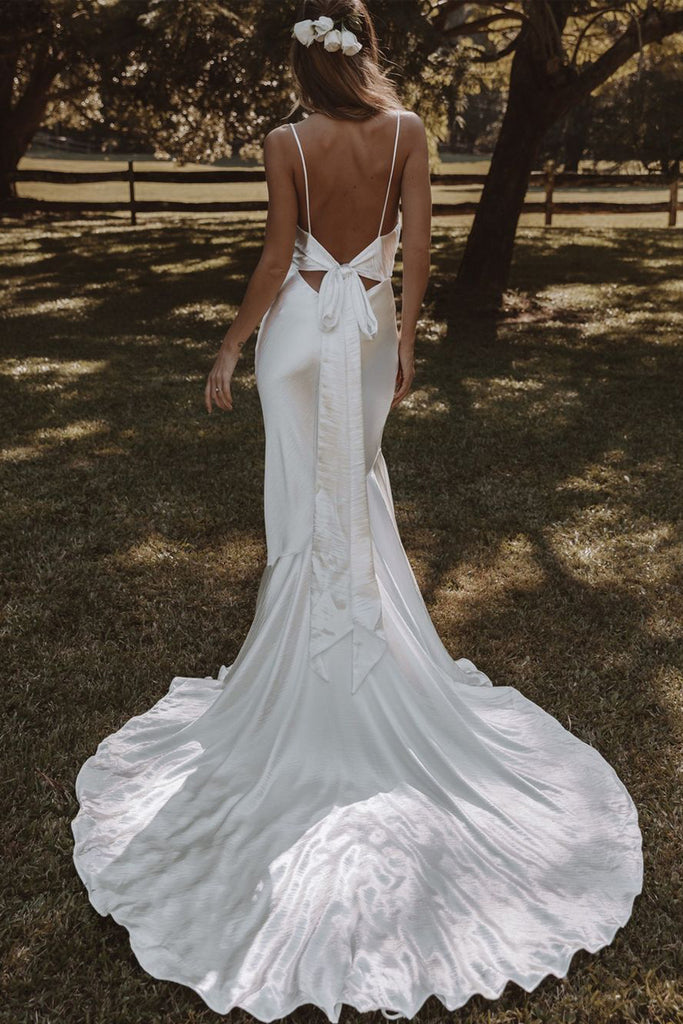 Fashion Mermaid Cowl Neck Silk Satin Long Wedding Dresses with Slit ...