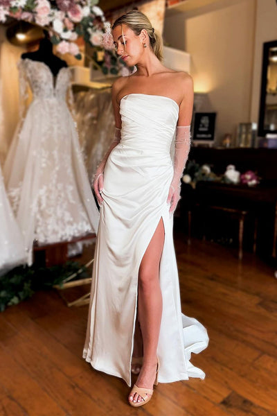 Mermaid Strapless White Satin Wedding Dresses with Slit AB4022203