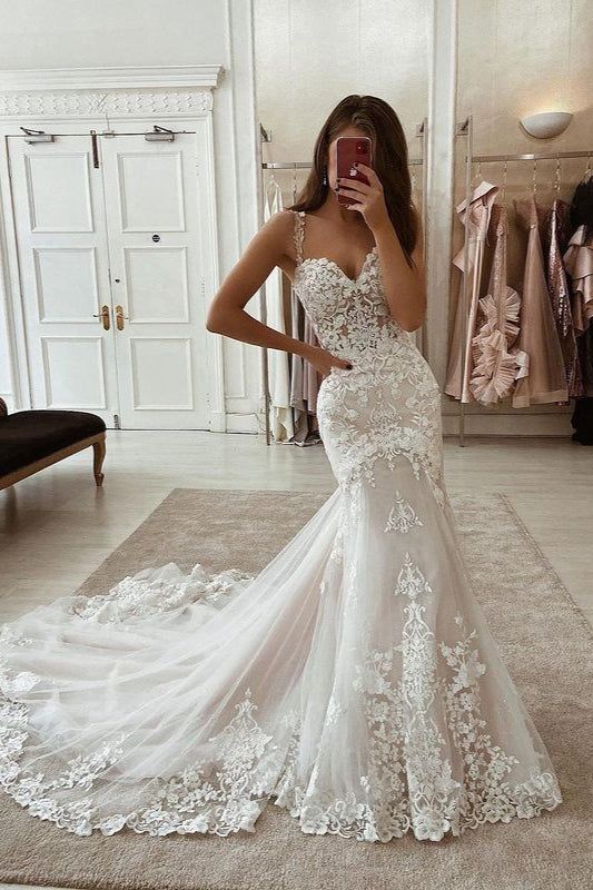 Elegant Mermaid Sweetheart Tulle Wedding Dresses with Lace Appliques ABWD061810 Anniebride Elegant Mermaid Sweetheart Tulle Wedding Dresses with Lace Appliques ABWD061810 Anniebride