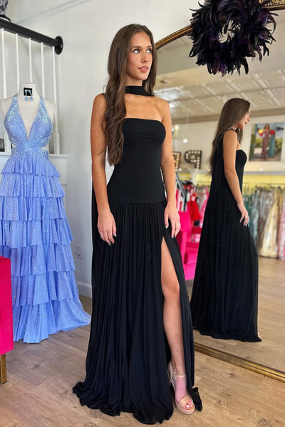 Cute Sheath Strapless Black Chiffon Prom Dress with Slit AB26010406