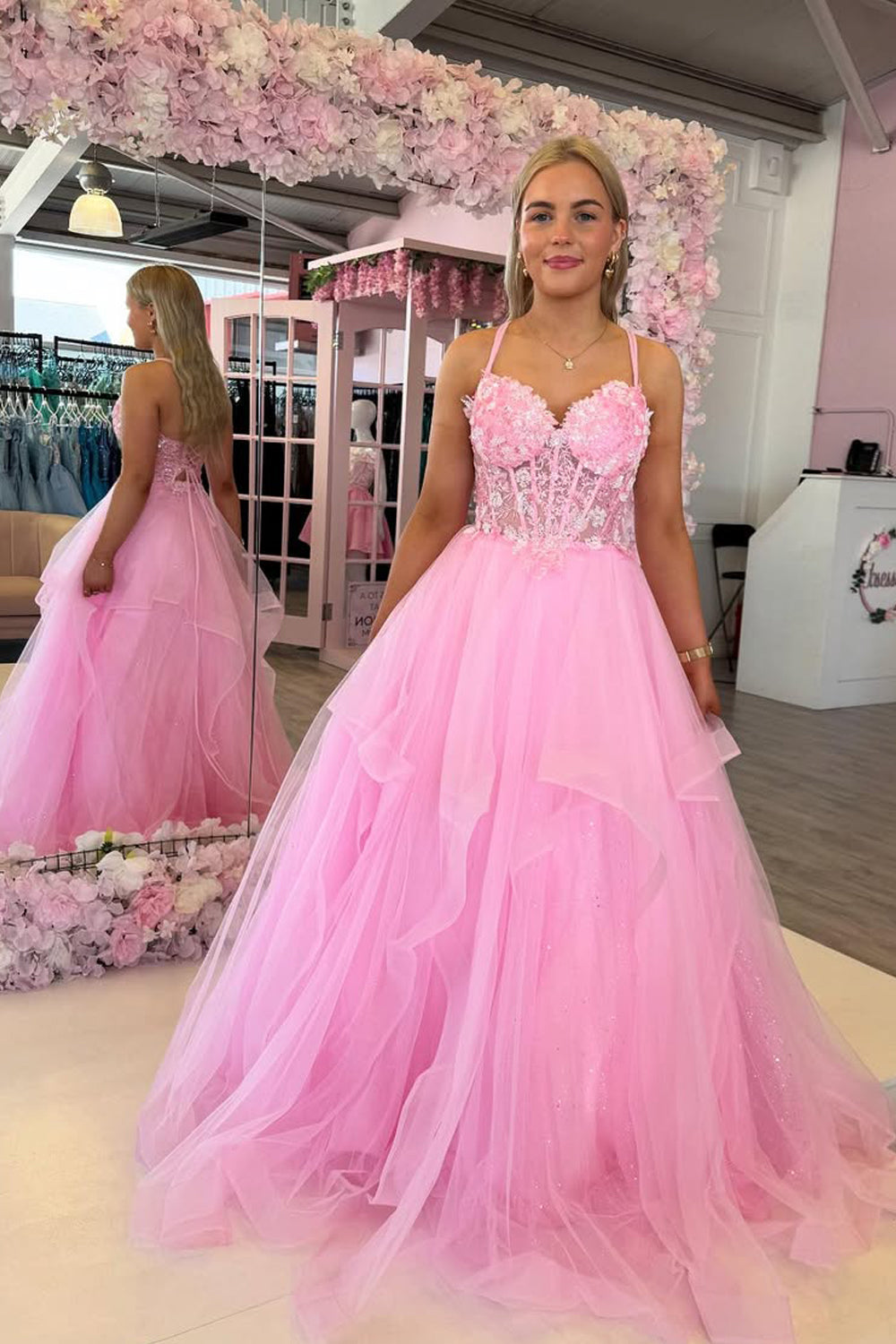Cute A Line V Neck Pink Tulle Prom Dress with Appliques AB25111401