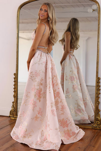 Sweet A Line Spaghtti Straps Pink Jacquard Satin Prom Dress with Beading AB26102704