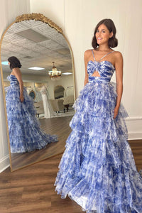 Cute A Line Cutout Straps Floral Print Tulle Tiered Prom Dress AB4011503