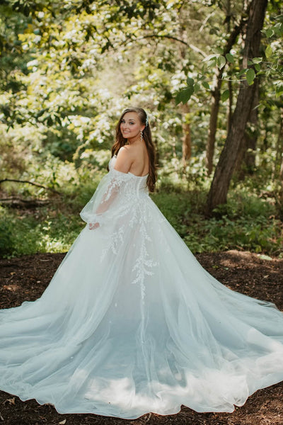 Boho A Line Off the Shoulder Long Sleeves Tulle Wedding Dress AB25052815
