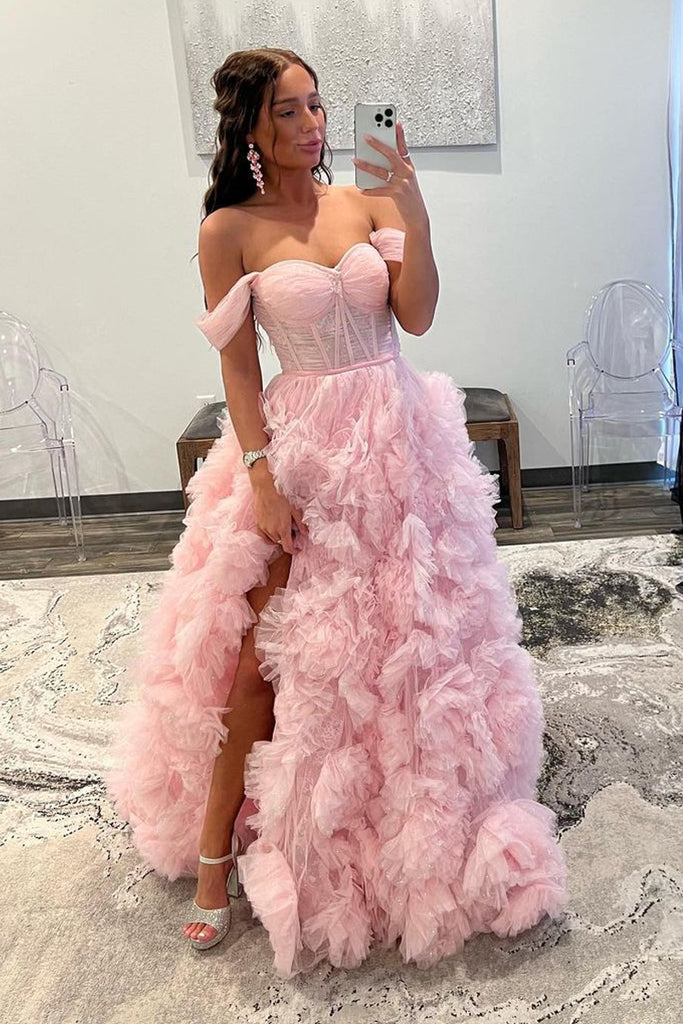 Gorgeous Ball Gown Off the Shoulder Pink Tulle Prom Dresses with Slit AB082407 Anniebride Gorgeous Ball Gown Off the Shoulder Pink Tulle Prom Dresses with Slit AB082407 Anniebride