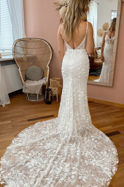 Luxurious Mermaid V Neck Lace Wedding Dresses with Appliques AB24070606