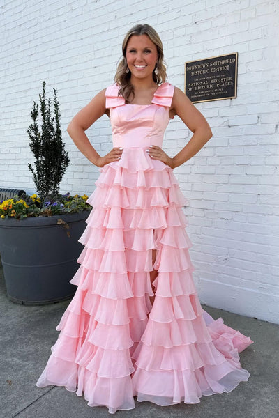 A Line Sqare Neck Blush Pink Satin Long Prom Dress with Slit AB26032810