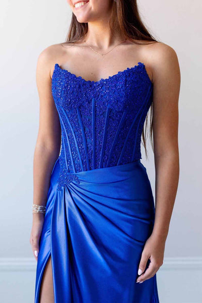 Mermaid Scoop Neck Royal Blue Satin Slit Prom Dress with Appliques AB26102911