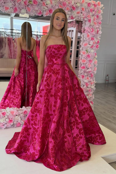 Ball Gown Strapless Red Jacqaurd Satin Prom Dress with Pockets AB26041705