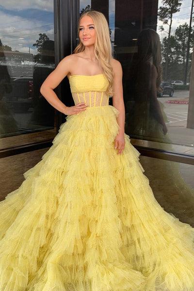 A-Line Strapless Yellow Sequins Tulle Long Prom Dresses AB4030701