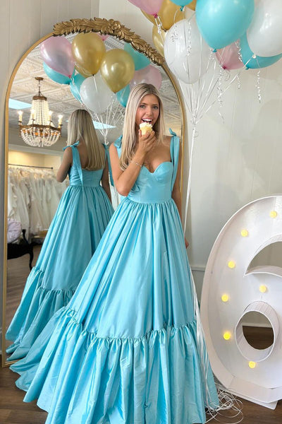 A-Line Sweetheart Light Blue Satin Ruffle Long Prom Dress AB4020803