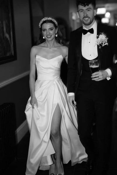 Fairy A Line V Neck Satin Long Wedding Dresses AB24100501