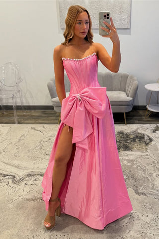 Cute A Line Scoop Neck Pink Taffeta Satin Prom Dress with Beading AB25102906