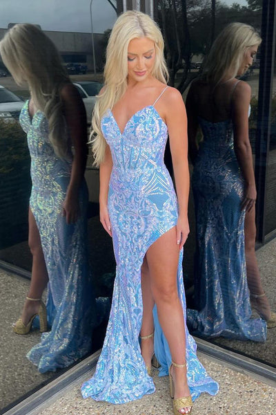 Mermaid V Neck Light Blue Sequins Lace Long Prom Dresses with Slit AB4030801