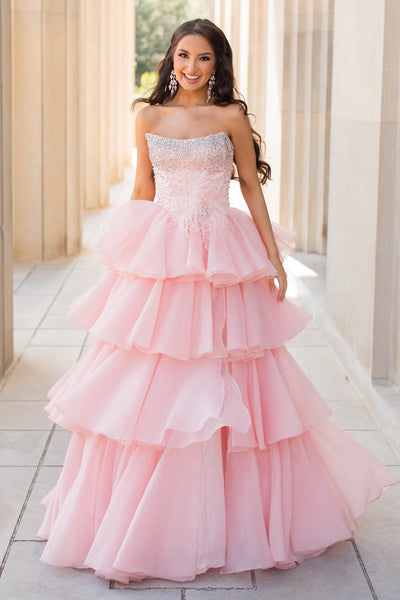 Gorgeuous Ball Gown Scoop Neck Pink Tiered Organza Prom Dress AB26070517