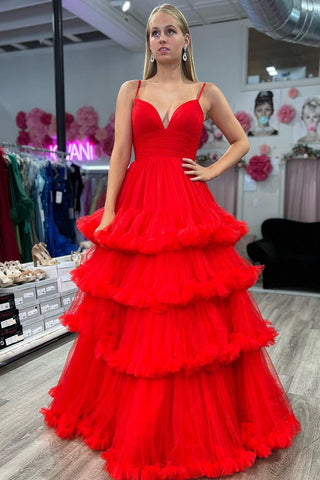 Cute A Line V Neck Red Tulle Long Prom Dresses AB072905